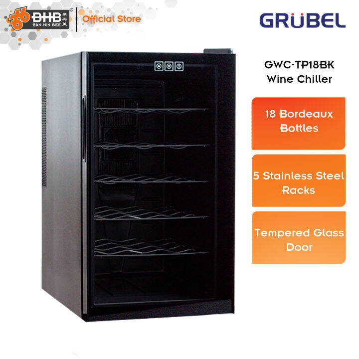 Grubel GWCTP18BK Wine Chiller 18 Bordeaux Bottles with Tempered Glass