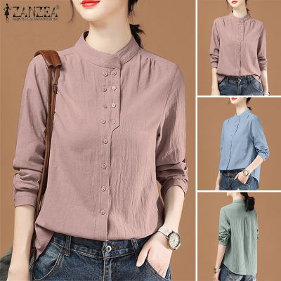 Esolo ZANZEA Women Commute Button Up Shirts Vintage Long Sleeve Stand Collar Pleated Tops #8