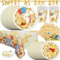 ℡₪◐ Winnie The Pooh Birthday Party Decorations Serves 10 Guests - Plates Napkins Table Cover Balloons Banner - For Baby Shower