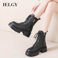 IELGY มาร์ตินสีดำรองเท้าบู๊ตมีซิปด้านข้างส้นหนา Sepatu BOOT Pendek สำหรับผู้หญิง