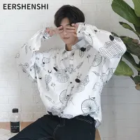 EERSHENSHI เสื้อแขนยาวแฟชั่นของผู้ชายวรรณกรรมชายพิมพ์ลายเสื้อทรงหลวมเทรนด์นักเรียนเสื้อเชิ้ตลายดอกบุคลิกภาพ