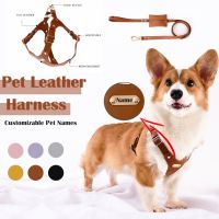 【FCL】✗ Dog Harness Name Collar Leather Chest Leash Personalized Adjustable Medium Small