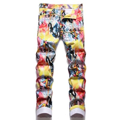 【CC】❉∏❡  New fashion street mens jeans digital printed trousers popular mid-waist casual simple personality
