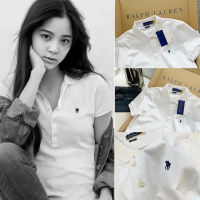 【Available】2023 Classic Five Button Embroidery American Retro Polo Shirt Beige White Womens Versatile