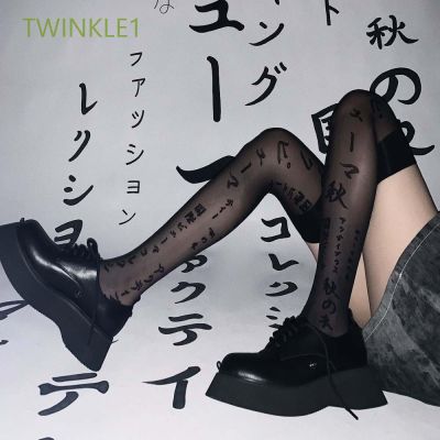 Twinkle1 ถุงน่องผ้าไนล่อนยืดหยุ่นพิมพ์ลายตัวอักษรสีดําสไตล์เกาหลีสําหรับผู้หญิง QC7311633