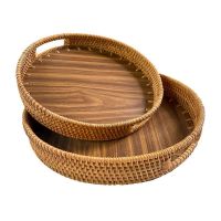 2 Pcs Woven Trays with Handles,Wicker Service Baskets,Round Rattan Trays,for Bread,Fruits,Vegetables,Snacks,Dressing,Etc