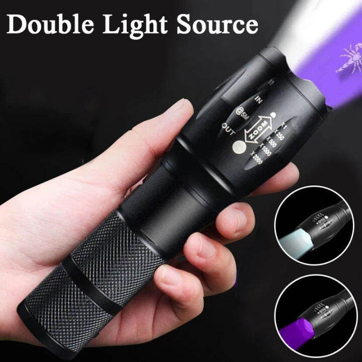 Purple White Dual Light Flashlight LED Ultraviolet Torch Zoom Retractable Flashlight Lamp