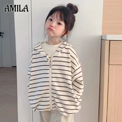 AMILA เสื้อสเวตเตอร์คาร์ดิแกนเสื้อมีฮู้ดลำลองแฟชั่นลายทางสำหรับเสื้อคลุมฤดูใบไม้ร่วงเด็กผู้หญิง