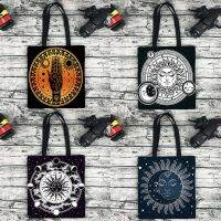 【Lanse store】White Black Sun Moon Mandala Starry Sky Print Witchcraft Astrology Handbags Shopping Bohemian Shopper Eco Tote  Hand Bag Purses