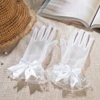 ﹍►❁ Fashion Sheer Tulle Gloves Women Wedding Bridal Short White Gloves Breathable Tulle Ribbon Bow Brides Bridesmaid Accessories