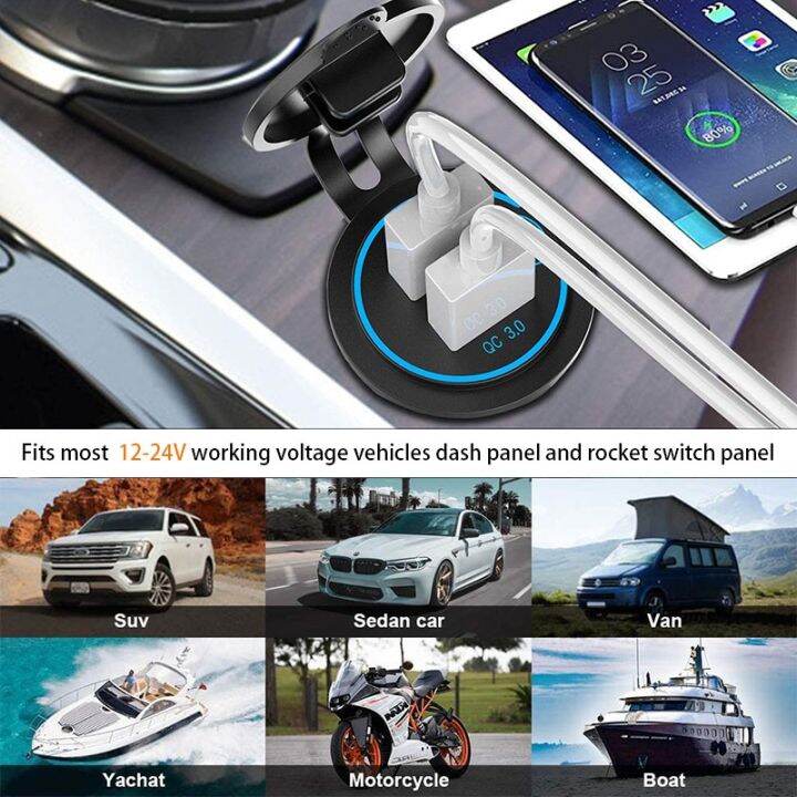 dual-usb-car-charger-waterproof-12v-24v-qc3-0-usb-fast-charger-socket-power-outlet-with-touch-switch