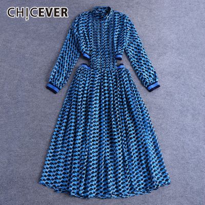 jkk CHICEVER Print Collar Sleeve Waist Hit Color Hollow Out Dresses Female 2021 Fashion