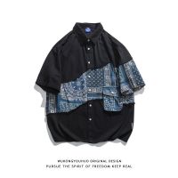 Retro cashew flower stitching short-sleeved shirt mens trendy brand street loose design casual shirt 【BYUE】