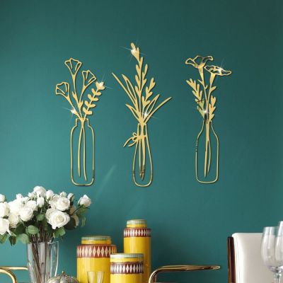 3pcs Flower Vase Mirror Wall Sticker Acrylic Wall Sticker Living Room Bedroom Decoration DIY 3D Self-adhesive Home Decor Sticker