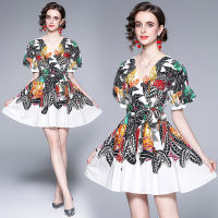 Fashion Contrast Color Short Dress Women Elegant Leaves Print Cross V-Neck Lantern Sleeve High Waist Lace-Up Sashes Vestidos