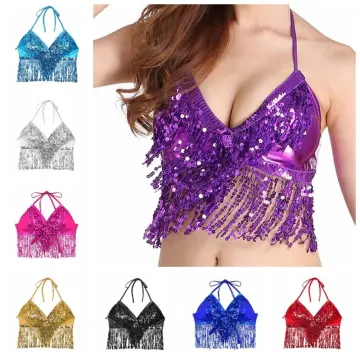 Women Glitter Belly Dance Sequins Bra Beaded Top Dancing Costume
