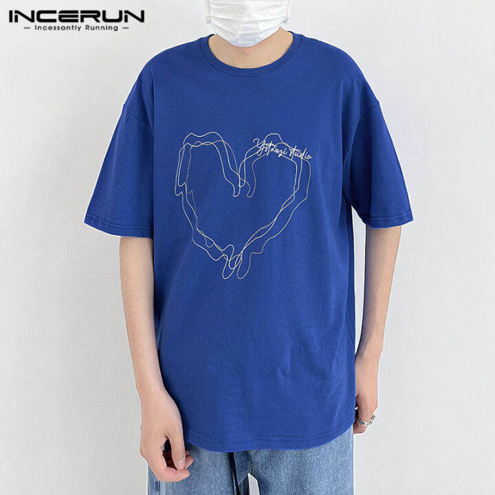 incerun-เสื้อเบลาส์ลำลองสำหรับวันหยุดเสื้อยืดคอกลมหัวใจผู้ชายแขนสั้น