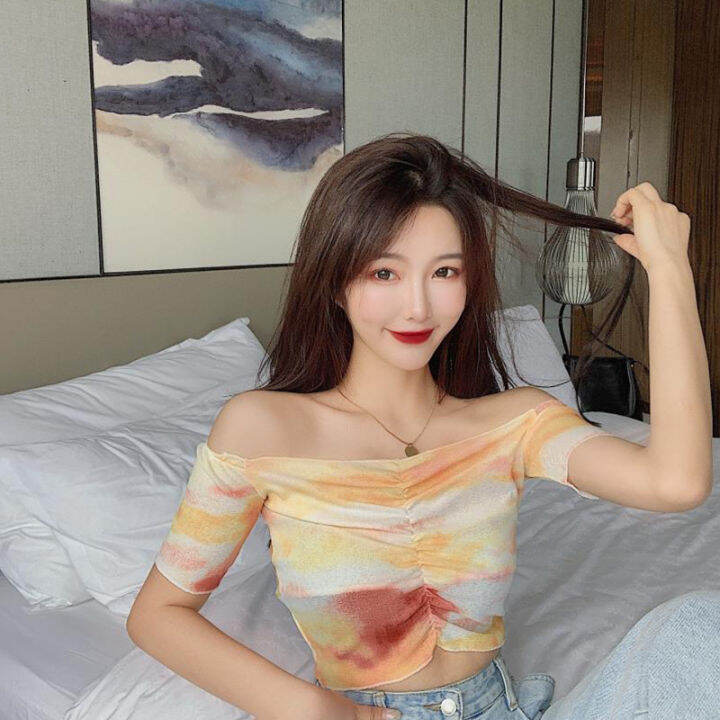 ฤดูร้อนเวอร์ชั่นเกาหลีของhyunaสไตล์เซ็กซี่หนึ่งไหล่แขนสั้นเสื้อยืดผู้หญิงใหม่สั้นตัดเชือกด้านบน
