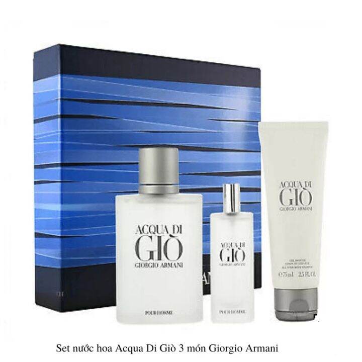 Giftset nước hoa nam Giorgio Armani AQUA DI GIÒ Pour Homme Eau De Toillette  của Italia (giò trắng) gồm 1 chai 100ml, 1 chai 15ml và 1 gel tắm 75ml |  