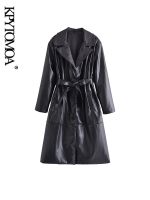 [COD] KPYTOMOA Fashion With Faux Leather Trench Coat Sleeve Button-up Female Outerwear Overcoat