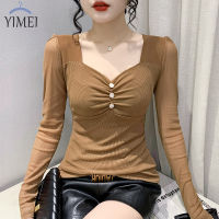 YIMEI เสื้อตาข่ายแขนยาว2023สำหรับผู้หญิง,เสื้อยืดคอวีปักลูกปัดแฟชั่น Han Fan เข้ารูปพอดีโชว์เสื้อท่อนล่างแบบบางเทรนด์ฤดูใบไม้ร่วง