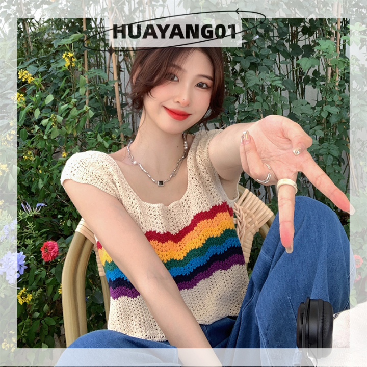 huayang01-2023-new-hot-fashion-lazlook-เสื้อชั้นในสตรีถักลายทางแขนกุดสีลายทางวินเทจฤดูร้อน