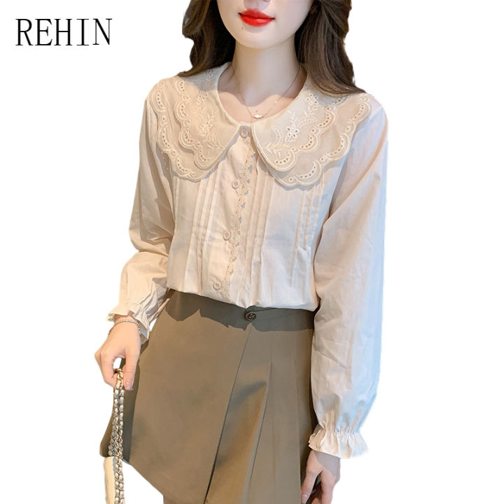 rehin-ผู้หญิงฤดูใบไม้ร่วงใหม่เกาหลีรุ่น-retro-เสื้อแขนยาว-hollow-hook-ตุ๊กตาคอหลวมบาง-elegant-เสื้อ