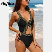 Anfilia ชุดว่ายน้ำวันพีซสำหรับผู้หญิง V Neck Monokini Hollow Out Color Block Platinum Swimwear