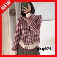 qkq971 Knitwear For Women R Simple Contrast Color Round Neck Plaid Knit Cardigan Single Breasted Long Sleeve Sweater Jacket