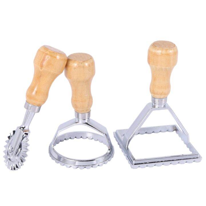 Ravioli Stamp Maker Cutter with Roller Wheel Set, Mold with Wooden Handle for Fluted Edge, Pasta