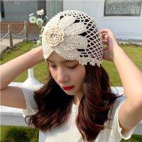 skullies cap hat womens retro hand Crochet hat autumn and winter hollow out Baotou hat all-match crochet flower beanie hat