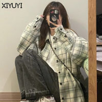 XIYUYI เสื้อลำลองแขนสีเขียวมินต์ยาวสไตล์ฝรั่งเศสของผู้หญิงเสื้อลายสก๊อตเสื้อยึดขี้เกียจฤดูร้อน