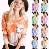 2020 autumn and winter new round neck splicing striped tie-dye pocket casual loose top T-shirt women ❤