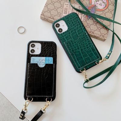 「Enjoy electronic」 Crocodile Skin Pattern Card Holder Phone Case For iPhone 12 11 Pro XR XS Max X 8 7 Plus Luxury Strap Soft Silicone Lanyard Cover
