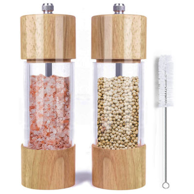 2021Wooden Salt and Pepper Grinder Set, Manual Salt and Pepper Mills with Acrylic Visible Window and Cleaning Brush, 2 Pack