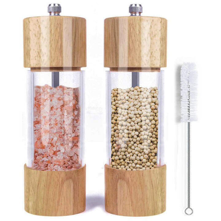 2021wooden-salt-and-pepper-grinder-set-manual-salt-and-pepper-mills-with-acrylic-visible-window-and-cleaning-brush-2-pack