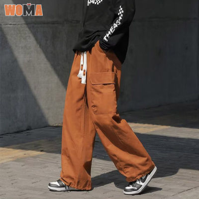 WOMA กางเกงเก็บพุง กางเกงคาร์โก้ชาย กางเกงสแล็คกระเป๋าขนาดใหญ่สีคาราเมลสำหรับผู้ชาย