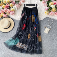 OCEANLOVE 2021 High Waist Skirts Women Print Mesh A-line All Match Mujer Faldas Korean Vintage Fashion Long Skirt Clothing 17449