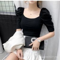 New Korean Style Womens High Waist Short Puff Sleeve Square Collar Clavicle Top Short SleeveTT-shirt新款韩版女装高腰短款泡泡袖方领锁骨上衣短袖T恤