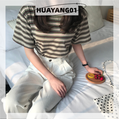 HUAYANG01 [2023 new HOT FASHION] lazlook ฤดูร้อน Retro ลายแขนสั้นเสื้อยืดผู้หญิงลำลองหลวมรอบคอเสื้อยืด