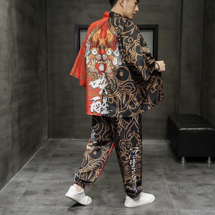 เสื้อคาร์ดิแกนใหม่สไตล์แฟชั่นชุดจีนโบราณสำหรับผู้ชายเสื้อสเวตเตอร์ถักลายสิงโตระบำจีน-daopao-chinoiserie