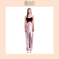 [MILIN] Front twist high slit sequin velvet contrast maxi dress เดรสยาวกำมะหยี่ตัดกับเลื่อม บิดด้านหน้า ต่อใต้อก ผ่าสูง Athena Dress สีเลื่อมชมพู/ สีเลื่อมทอง