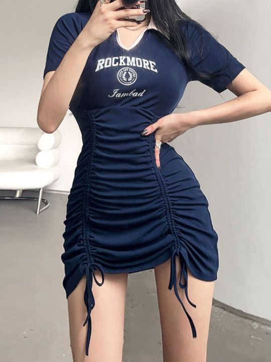 houzhou-ชุดสตรีทแวร์เซ็กซี่เสื้อโปโลรัดรูปชุดเดรสสตรีชุดมินิเดรสชุดรัดรูป-y2k-แบนเดจพิมพ์ลายตัวอักษรฤดูร้อน