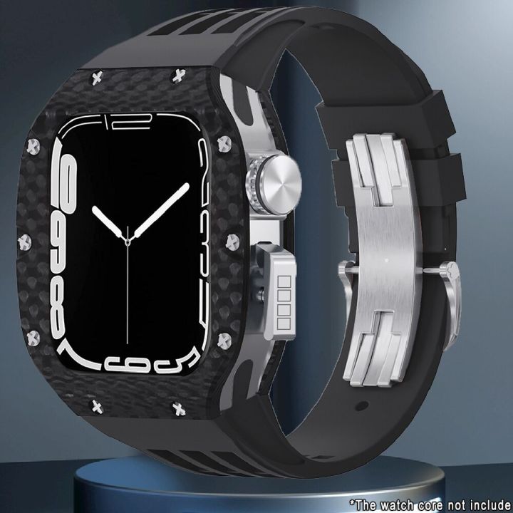 สายเคสคาร์บอนไฟเบอร์สำหรับนาฬิกา-apple-45มม-44มม-ชุดแต่งสุดหรูสำหรับ-i-watch-series-8-7-6-5-4-se-fuorubber-sports-strap-ไม่รวมนาฬิกา