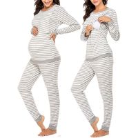 【DT】hot！ 2023 Womens New Maternity Striped Nursing Sleepwear Sleeve Pajama Set Breastfeeding