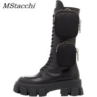 Womens Knee High Boots Designer Pocket Knight Boots Luxury Woman Platform Shoes Thick Bottom Black Motorcycle Botas Femininas