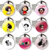 【LZ】☁▨♀  Mafalda-Vidro artesanal Cabochão Chaveiro Pingente De Desenhos Animados Criativos Chaveiro Do Carro Design De Moda Clássica