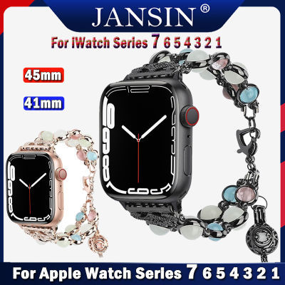JANSIN Luminous สายนาฬิกาลูกปัดสำหรับสายคาด Apple Watch 7 41mm Series 6 5 4 se 3 2 1 44mm 42mm ผู้หญิง Pearl สายรัดข้อมือสายรัดข้อมือ