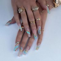 24Pcs Golden Line Manicure Fake Nails Long Ballerina Wearable Coffin False Nails Full Cover Acrylic Nail Tips Press On Nails