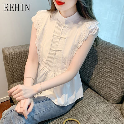REHIN เสื้อผู้หญิงสีขาวรัดเอวดีไซน์แขนกุดสไตล์จีนใหม่ฤดูร้อนเสื้อผู้หญิงแขนสั้น